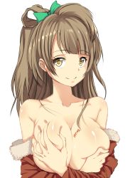 Rule 34 | 10s, 1girl, bare shoulders, bow, breast hold, breasts, cleavage, covering privates, covering breasts, deep skin, detached sleeves, eyelashes, female focus, fur trim, grey hair, hair bow, hair ornament, hair ribbon, hews, large breasts, long hair, looking at viewer, love live!, love live! school idol project, minami kotori, no bra, ponytail, ribbon, simple background, smile, solo, tareme, topless, topless frame, upper body, white background, yellow eyes