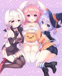 Rule 34 | 3girls, :d, animal ears, ass, bare shoulders, black capelet, black footwear, black gloves, black shorts, blue eyes, blue headwear, boots, breasts, brown legwear, candy, capelet, cat ears, cat girl, cat tail, character request, choker, cleavage, commentary request, diagonal stripes, dress, elbow gloves, fang, food, gloves, hair ribbon, halloween, halloween bucket, halo, hat, high heel boots, high heels, highres, holding, holding candy, holding food, holding lollipop, kneehighs, large breasts, lollipop, long hair, long sleeves, low twintails, multiple girls, onka, open mouth, original, parted lips, pink hair, purple background, purple eyes, purple hair, purple ribbon, rabbit ears, rabbit girl, rabbit tail, red footwear, ribbon, sakura (usashiro mani), shoe soles, shoes, short shorts, shorts, sleeveless, sleeveless dress, sleeves past wrists, smile, socks, star (symbol), striped clothes, striped legwear, striped socks, tail, thighhighs, tongue, tongue out, twintails, usashiro mani, very long hair, white dress, white hair, white legwear, witch hat, yellow choker, yellow footwear