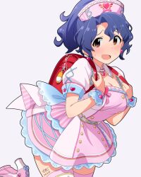 Rule 34 | 1girl, backpack, bag, blue hair, blush, breasts, buttons, cleavage, commentary request, cross-laced clothes, cross-laced sleeves, dress, earrings, hat, heart, heart earrings, high heels, idolmaster, idolmaster million live!, jewelry, lace, lace-trimmed dress, lace-trimmed wrist cuffs, lace trim, large breasts, leg up, looking at viewer, medium hair, nervous smile, nurse, nurse cap, open mouth, pink dress, pink footwear, pink hat, pink thighhighs, ponytail, puffy short sleeves, puffy sleeves, randoseru, red bag, short sleeves, sidelocks, smile, solo, thighhighs, thighs, toyokawa fuka, tun, wavy hair, wavy mouth, white background, wrist cuffs