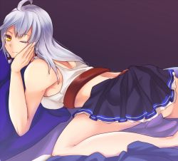 Rule 34 | 10s, 1girl, ;), ahoge, back, bare arms, bare legs, black skirt, braid, closed mouth, eyebrows, granblue fantasy, hair between eyes, hand on own cheek, hand on own face, long hair, lying, miniskirt, on stomach, one eye closed, pleated skirt, purple background, shioso, silva (granblue fantasy), silver hair, simple background, skirt, smile, solo, twin braids, yellow eyes
