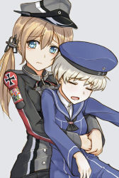 Rule 34 | 10s, 2girls, anchor hair ornament, bad id, bad pixiv id, blonde hair, blue eyes, clothes writing, cross, gloves, hair ornament, hat, hug, hug from behind, iron cross, kantai collection, long hair, long sleeves, military, military uniform, multiple girls, neckerchief, no gloves, open mouth, pallad, peaked cap, prinz eugen (kancolle), sailor collar, sailor hat, short hair, silver hair, simple background, tears, twintails, uniform, wavy mouth, white gloves, z1 leberecht maass (kancolle)
