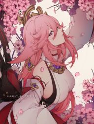 Rule 34 | 1girl, bare shoulders, blue eyes, breasts, detached sleeves, flower, genshin impact, hair between eyes, hair ornament, highres, japanese clothes, jewelry, kimono, large breasts, long hair, long sleeves, looking at viewer, necklace, outdoors, pendant, pink hair, sideboob, sky, sleeveless, sleeveless kimono, souike, tree, vision (genshin impact), white kimono, wide sleeves, yae miko