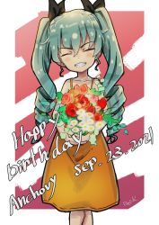 Rule 34 | 1girl, anchovy (girls und panzer), artist name, birthday, black ribbon, bouquet, casual, character name, commentary, crossed legs, dated, dress, drill hair, english text, facing viewer, flower, girls und panzer, green hair, grin, hair ribbon, happy birthday, highres, holding, holding bouquet, kuroneko douji, long hair, orange dress, ribbon, signature, smile, solo, spaghetti strap, standing, sundress, twin drills, twintails