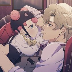 Rule 34 | 1boy, 1girl, ace attorney, aged down, black headwear, blonde hair, blue eyes, bow, commentary request, couch, double bun, eye contact, from side, hair bun, hand on another&#039;s back, hand on another&#039;s chest, herlock sholmes, highres, indoors, iris wilson, long sleeves, looking at another, lying, neck ribbon, on back, on couch, pink hair, pink ribbon, pink shirt, profile, ribbon, shirt, short hair, sitting, sitting on person, suspenders, the great ace attorney, tuzuriya, twitter username, vest, white shirt, yellow bow