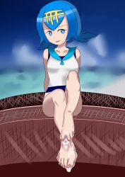 Rule 34 | 1girl, absurdres, aqua eyes, barefoot, blue hair, blush, bottomless, creatures (company), cum, cum on body, cum on feet, cum on lower body, feet, game freak, highres, lana (pokemon), looking at viewer, nintendo, parted lips, pokemon, pokemon sm, short hair, sitting, smile, toes, trial captain