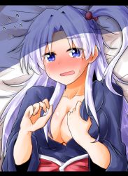 Rule 34 | 1girl, blue eyes, blush, breasts, cleavage, collarbone, flying sweatdrops, full-face blush, hair bobbles, hair ornament, highres, long hair, looking at viewer, lying, medium breasts, on back, on bed, one side up, open mouth, oshiaki, shinki (touhou), silver hair, solo, sweatdrop, tears, touhou, touhou (pc-98), wavy mouth