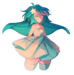 Rule 34 | 1girl, ahoge, blue hair, closed mouth, collarbone, commentary, dress, english commentary, eyepatch, green eyes, hair lift, hair ornament, hoshi-pan, light frown, long hair, looking ahead, one-eyed, original, short dress, sleeveless, sleeveless dress, spaghetti strap, star (symbol), star hair ornament, star print, white background, white dress
