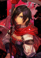 Rule 34 | 1girl, black hair, breasts, buckle, cleavage, cleavage cutout, clothing cutout, corset, grey eyes, hungry clicker, long sleeves, looking at viewer, multicolored hair, red hair, red scarf, ruby rose, rwby, scarf, scythe, short hair, solo, upper body
