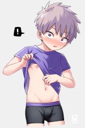 Rule 34 | 1boy, artist request, bulge, clothes lift, commentary, highres, kemono jihen, lifting own clothes, male focus, navel, nipples, simple background, solo, tademaru shiki, underwear