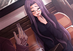 Rule 34 | 1girl, artist request, black sweater, blush, breasts, closed eyes, coffee mug, command spell, cup, denim, fate/stay night, fate (series), forehead, fujimaru ritsuka (male), glasses, highres, jeans, large breasts, long hair, long sleeves, medusa (fate), medusa (rider) (fate), mug, official alternate costume, open mouth, pants, parted bangs, purple hair, sitting, smile, solo focus, sweater, table, turtleneck, turtleneck sweater, very long hair