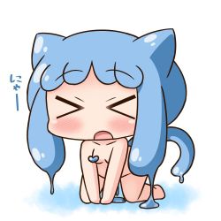 Rule 34 | &gt; &lt;, 1girl, :o, all fours, animal ears, blue hair, blush, breasts, cat ears, cat girl, cat tail, chibi, closed eyes, collarbone, convenient censoring, facing viewer, full body, half slime-chan, hana kazari, kemonomimi mode, long hair, monster girl, nude, open mouth, original, slime girl, small breasts, solo, tail, translation request, v-shaped eyebrows, white background