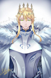 Rule 34 | 1girl, absurdres, ahoge, armor, artoria pendragon (fate), artoria pendragon (lancer) (fate), blonde hair, braid, breastplate, cape, commentary, crown, fate/grand order, fate (series), french braid, fur-trimmed cape, fur trim, glowing, glowing eyes, green eyes, hair between eyes, highres, lion king (lancer) (fate), long hair, looking at viewer, shiki (love-saber), sidelocks, swept bangs