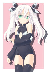 Rule 34 | 10s, 1girl, alternate costume, bare shoulders, black heart (neptunia), black sister, black thighhighs, blush, bow, cleavage cutout, clenched hand, clothing cutout, colored eyelashes, cowboy shot, detached sleeves, embarrassed, female focus, flat chest, frown, green eyes, hair between eyes, hair bow, hair ornament, halterneck, leotard, long hair, looking at viewer, magical girl, minagi, neptune (series), noire (neptunia), parted bangs, pink background, power symbol, power symbol-shaped pupils, shadow, sidelocks, simple background, solo, symbol-shaped pupils, thigh gap, thighhighs, turtleneck, twintails, uni (neptunia), uranaishi (miraura), white hair