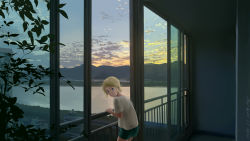 Rule 34 | 1girl, blonde hair, blue eyes, blue sky, casual, commentary, dated, english commentary, from behind, gremyashchy (ryan greythorn), highres, looking at viewer, looking back, original, personification, plant, ryan greythorn, scenery, shorts, sky, smile, solo, sunset, window, world of warships