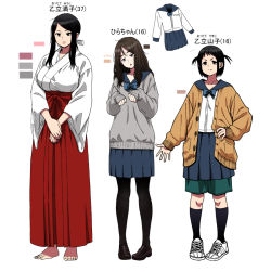 Rule 34 | 3girls, age difference, barefoot, black eyes, black hair, black legwear, blue bow, blue neckwear, blue skirt, bow, breasts, brown eyes, brown footwear, brown hair, closed mouth, collarbone, color guide, fingernails, freckles, frown, fumitan (humitan), grey sweater, hand on own hip, japanese clothes, large breasts, long hair, multiple girls, open mouth, original, ottate yamako, pantyhose, pink lips, red bow, school uniform, short hair, simple background, skirt, sleeves past wrists, socks, standing, sweater, toenails, twintails, uniform, white background, white footwear