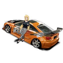 Rule 34 | 1girl, absurdres, black choker, black footwear, blonde hair, bocchi the rock!, bra strap, brown eyes, car, choker, collarbone, commentary, cowlick, crossed arms, grey pants, highres, holeecrab, ijichi seika, long hair, looking at viewer, motor vehicle, need for speed, need for speed: underground 2, orange car, pants, parted bangs, shadow, shoes, sleeves past wrists, solo, spoiler (automobile), sports car, striped clothes, striped pants, toyota, toyota celica, toyota celica t230, vehicle focus, very long hair, white background