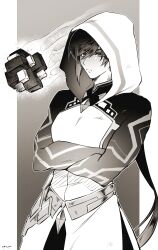 Rule 34 | 1boy, closed mouth, crossed arms, genshin impact, greyscale, hair between eyes, highres, homare (g hmr88), hood, hood up, hooded robe, long hair, looking at viewer, male focus, monochrome, ponytail, robe, signature, simple background, solo, very long hair, zhongli (archon) (genshin impact), zhongli (genshin impact)