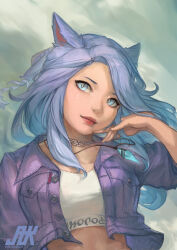 Rule 34 | 1girl, absurdres, animal ears, blue eyes, blue hair, cat ears, choker, commission, crop top, cropped jacket, crystal, final fantasy, final fantasy xiv, highres, jacket, jewelry, lips, long hair, looking at viewer, miqo&#039;te, open clothes, open jacket, pendant, slit pupils, solo, thatjaykart, upper body, warrior of light (ff14)