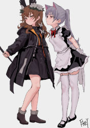 Rule 34 | 2girls, animal ears, apron, arms behind back, black dress, black footwear, blush, borrowed character, brown eyes, brown hair, butterfly hair ornament, cat ears, closed mouth, dress, feiqizi (fkey), fkey, flower, frilled apron, frills, full body, garter straps, gloves, grey background, grey hair, hair flower, hair ornament, holding, hood, hoodie, long hair, looking at another, maid, mary janes, multiple girls, open clothes, original, ponytail, puffy short sleeves, puffy sleeves, red eyes, red neckwear, shoes, short dress, short sleeves, signature, simple background, standing, thighhighs, white gloves, white legwear