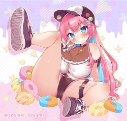 1girl bare_shoulders baseball_cap black_shorts blue_eyes blue_hair blush breasts colored_inner_hair dot_nose doughnut food frills grin hair_between_eyes hair_ornament hairpin hat large_breasts leg_up long_hair looking_at_viewer midriff msp_sammy multicolored_hair navel original pink_hair see-through_clothes shoes shorts sitting skindentation smile solo spread_legs straight_hair thigh_strap tsurime twitter_username v