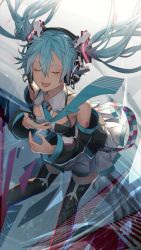 Rule 34 | 1girl, absurdres, arm tattoo, black thighhighs, blue hair, blue necktie, blush, breasts, closed eyes, commentary request, detached sleeves, floating hair, foreshortening, gradient background, hair between eyes, hair ornament, hatsune miku, headset, highres, leaning forward, legs apart, long hair, long sleeves, medium breasts, miya-ki (miya key), necktie, number tattoo, open mouth, pleated skirt, skirt, solo, standing, tattoo, thighhighs, twintails, unfinished, very long hair, vocaloid, white skirt, wing collar, zettai ryouiki