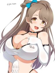 Rule 34 | 1girl, :d, black choker, bra, breasts, brown hair, choker, cleavage, elbow gloves, gloves, hair rings, large breasts, long hair, looking at viewer, love live!, love live! school idol project, minami kotori, open mouth, smile, solo, sports bra, twitter username, underwear, upper body, white bra, white gloves, yellow eyes, yua (argaoffroad)