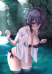 Rule 34 | 1girl, bikini, black bikini, blush, bracelet, breasts, cleavage, collarbone, commentary request, covered erect nipples, cowboy shot, fingernails, green ribbon, hair between eyes, hair intakes, hair ornament, hair ribbon, hands up, highres, hood, hood down, hoodie, jewelry, konohana enishi, large breasts, long fingernails, looking at viewer, nitroplus, open clothes, open hoodie, original, parted lips, partially submerged, purple eyes, purple hair, ribbon, see-through, sengoku aky, short hair, short sleeves, side-tie bikini bottom, sidelocks, smile, solo, standing, strap gap, swimsuit, wading, water, wet, wet clothes, wet hair