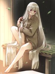 Rule 34 | 1girl, bare legs, barefoot, brushing hair, closed mouth, collared shirt, commentary request, falling leaves, fujiwara no mokou, full body, grey shirt, hair brush, hair focus, highres, holding, holding hair brush, knee up, leaf, long hair, long sleeves, looking at viewer, mokoiscat, no hair bow, no pants, porch, red eyes, shirt, signature, sitting, solo, touhou, very long hair