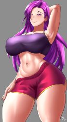 Rule 34 | 1girl, absurdres, arc edo11, arm behind head, arm up, ass, breasts, brunnya (fire emblem), female focus, fire emblem, fire emblem: the binding blade, highres, large breasts, long hair, looking at viewer, midriff, navel, nintendo, pink hair, purple eyes, purple hair, red eyes, signature, smile, solo, sportswear, thick thighs, thighs, wide hips