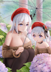 Rule 34 | 2girls, absurdres, azur lane, bare shoulders, belfast (azur lane), belfast (azur lane) (cosplay), belfast (shopping with the head maid) (azur lane), blue eyes, breasts, choker, cleavage, cosplay, flower, hat, highres, hydrangea, large breasts, little bel (azur lane), multiple girls, off-shoulder sweater, off shoulder, official alternate costume, pantyhose, rain, shigatsu (4gate), silver hair, skirt, snail, squatting, sweater, umbrella