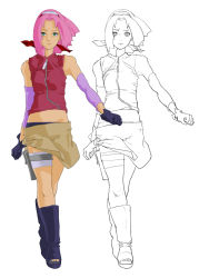 Rule 34 | 1girl, arm warmers, bandages, bare shoulders, black footwear, black gloves, boots, breasts, expressionless, gloves, green eyes, haruno sakura, headband, headdress, holster, knee boots, looking at viewer, melonex, miniskirt, naruto (series), naruto shippuuden, pink hair, red shirt, shirt, shoes, short hair, side slit, simple background, sketch, skirt, sleeveless, sleeveless shirt, solo, standing, thigh holster, thigh strap, toeless footwear, toes, walking, white background, white skirt, zipper