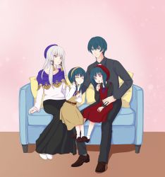 Rule 34 | 1boy, 3girls, absurdres, alternate costume, black dress, black shirt, blue eyes, blue hair, byleth (fire emblem), byleth (male) (fire emblem), closed eyes, closed mouth, couch, dress, eating, father and daughter, fire emblem, fire emblem: three houses, hairband, hat, highres, husband and wife, if they mated, indoors, jewelry, long hair, long sleeves, looking at viewer, lysithea von ordelia, mocheekanon, mother and daughter, multiple girls, nintendo, parted lips, pillow, pink eyes, red dress, ring, shirt, short hair, sitting, sitting on lap, sitting on person, smile, wedding band, white hair, yellow dress, yellow hairband