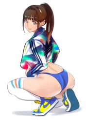 Rule 34 | 1girl, ass, back, blush, brown hair, dytm, grey eyes, highres, jacket, kneeling, long hair, looking at viewer, nike (company), nike dunk, original, ponytail, red lips, shoes, smile, sneakers, solo, thighhighs, tiptoes, white thighhighs