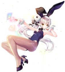 Rule 34 | 1girl, animal ears, armpits, bow, bowtie, breasts, card, cherrypin, cube hair ornament, detached collar, dice, elsword, eve (elsword), facial mark, fake animal ears, fishnet pantyhose, fishnets, floating hair, full body, glowing, hair ornament, hair ribbon, hairband, high heels, leotard, long hair, looking at viewer, lying, pantyhose, playboy bunny, playing card, pointy ears, rabbit ears, ribbon, side ponytail, simple background, small breasts, solo, sparkle, very long hair, white background, white hair, wrist cuffs, yellow eyes