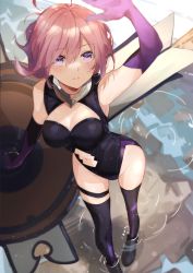 Rule 34 | 1girl, absurdres, arm up, armpits, bare shoulders, black leotard, black thighhighs, blush, breasts, cleavage, cleavage cutout, clothing cutout, collar, elbow gloves, fate/grand order, fate (series), gloves, hair over one eye, herigaru (fvgyvr000), highleg, highleg leotard, highres, large breasts, leotard, light purple hair, looking at viewer, looking up, mash kyrielight, metal collar, navel, navel cutout, perspective, purple eyes, purple gloves, ripples, shield, short hair, solo, thigh strap, thighhighs, thighs, water
