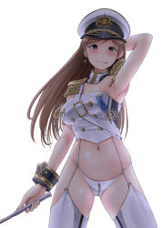Rule 34 | 10s, 1girl, :p, adapted costume, aiguillette, arm up, armpits, arms behind head, breasts, brown eyes, brown hair, crotch zipper, dominatrix, earrings, epaulettes, garter straps, hat, idolmaster, idolmaster cinderella girls, idolmaster cinderella girls starlight stage, jewelry, long hair, looking at viewer, military, military hat, military uniform, naughty face, naval uniform, navel, nitta minami, peaked cap, riding crop, seizon honnou valkyria, simple background, solo, takemasa, thighhighs, tongue, tongue out, uniform, zipper
