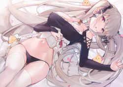 Rule 34 | 1girl, :o, absurdres, asla yu, azur lane, baozi, bed sheet, between breasts, bird, black panties, blunt bangs, blush, breasts, chick, cleavage, clothing cutout, dutch angle, food, foot out of frame, formidable (azur lane), frills, hair ornament, hair ribbon, half-closed eyes, hand on own stomach, highres, jewelry, large breasts, long hair, long sleeves, looking at viewer, lying, navel, on back, on bed, open mouth, panties, parted lips, petals, purple eyes, red eyes, ribbon, shoulder cutout, silver hair, skindentation, solo, stomach, thighhighs, thighs, thong, twintails, underwear, very long hair, white thighhighs