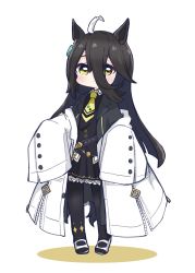 Rule 34 | ahoge, animal ears, black hair, black jacket, black pantyhose, black shirt, black skirt, blush, brown eyes, chibi, closed mouth, collared shirt, colored shadow, commentary request, eyes visible through hair, full body, hair between eyes, highres, horse ears, horse girl, horse tail, jacket, lab coat, long hair, looking at viewer, manhattan cafe (umamusume), necktie, nozo (hitomiz), off shoulder, open clothes, open jacket, pantyhose, pleated skirt, shadow, shirt, shoes, short necktie, skirt, solo, standing, tail, umamusume, very long hair, white background, white footwear, yellow necktie