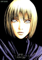Rule 34 | 00s, 1girl, black background, blonde hair, clare (claymore), claymore (series), coat, crazy eyes, expressionless, grey eyes, lips, norihiro yagi, parted lips, scan, short hair, simple background, solo, upper body, yagi norihiro