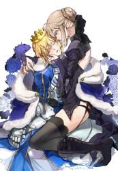 Rule 34 | 2girls, ahoge, armor, armored dress, artoria pendragon (all), artoria pendragon (fate), back cutout, black dress, black footwear, black legwear, black panties, blonde hair, boots, braid, closed eyes, clothing cutout, coat, crown, dress, fate/stay night, fate (series), flower, french braid, fur coat, garter straps, gauntlets, hand on another&#039;s face, high heel boots, high heels, juliet sleeves, long sleeves, looking at another, mameal369, multiple girls, open mouth, panties, puffy long sleeves, puffy sleeves, saber (fate), saber alter, selfcest, shrug (clothing), thighhighs, underwear, yellow eyes, yuri