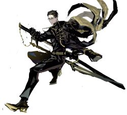 Rule 34 | 1boy, absurdres, black coat, black footwear, black pants, black shirt, coat, coat on shoulders, full body, glasses, hair ornament, hair stick, highres, holding, holding sword, holding weapon, long sleeves, male focus, pants, project moon, remsrar, shirt, shoes, simple background, solo, sword, the distortion detective, turtleneck, vespa crabro, weapon, white background