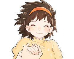 Rule 34 | 1girl, 1other, arm at side, brown hair, child, close-up, closed eyes, closed mouth, dot nose, eyelashes, facing viewer, glint, hairband, hand up, happy, holding hands, honoboooono, light blush, messy hair, outstretched hand, pov, pov hands, puffy sleeves, reaching, reaching towards viewer, red hairband, sheeta, shirt, short hair, simple background, smile, solo, tenkuu no shiro laputa, turtleneck, upper body, white background, white shirt