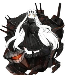 Rule 34 | 10s, 1girl, abyssal ship, aircraft carrier water oni, bad id, bad pixiv id, bare shoulders, berver, breasts, detached sleeves, diamond (shape), dress, female focus, gem (symbol), heterochromia, kantai collection, large breasts, long hair, looking at viewer, machinery, orange eyes, ribbed dress, sailor dress, short dress, simple background, solo, thighhighs, white background, white hair, yellow eyes, zettai ryouiki