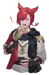 Rule 34 | !, 1boy, animal ears, black scarf, braid, braided ponytail, brown gloves, byuub, cat ears, commentary request, cropped torso, dated, diamond-shaped pupils, diamond (shape), elbow gloves, facial mark, final fantasy, final fantasy xiv, fingerless gloves, food, g&#039;raha tia, gloves, hair between eyes, hair ornament, hand up, highres, holding, holding food, jacket, jewelry, korean commentary, low ponytail, male focus, miqo&#039;te, neck tattoo, open mouth, pendant, red eyes, red hair, red jacket, scarf, shirt, short hair, signature, simple background, single braid, solo, swept bangs, symbol-shaped pupils, taco, tattoo, upper body, white background, white shirt, x hair ornament