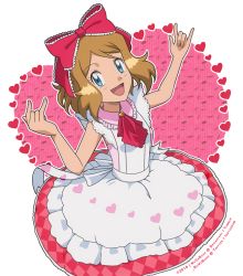 Rule 34 | 1girl, :d, apron, bare arms, blue eyes, blush, bow, commentary, cosplay, creatures (company), dress, english commentary, eyelashes, frills, game freak, hair bow, hands up, heart, korekara no someday, light brown hair, looking at viewer, love live!, neck ribbon, nintendo, noelia ponce, open mouth, outline, pink bow, pokemon, pokemon (anime), pokemon xy (anime), ribbon, serena (pokemon), short hair, sleeveless, smile, solo, tongue, white apron, yazawa nico, yazawa nico (cosplay)