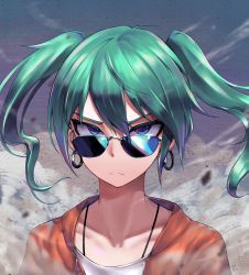 Rule 34 | 00s, 1girl, alternate costume, bad id, bad pixiv id, blue eyes, dust, earrings, frown, green hair, hatsune miku, highres, hoop earrings, jacket, jewelry, looking at viewer, looking over eyewear, looking over glasses, max-k, portrait, red jacket, shirt, solo, suna no wakusei (vocaloid), sunglasses, tinted eyewear, tsurime, twintails, upper body, vocaloid, white shirt, wind, zipper