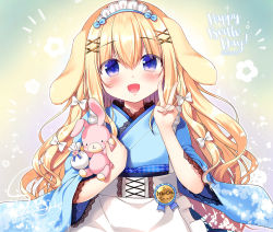 Rule 34 | 1girl, :d, animal ears, apron, blonde hair, blue bow, blue kimono, blush, bow, commentary request, dated, fingernails, floral print, frilled apron, frills, hair between eyes, hair bow, hair ornament, happy birthday, holding, holding stuffed toy, japanese clothes, kimono, lace-trimmed sleeves, lace trim, long hair, long sleeves, maid, maid headdress, open mouth, original, print kimono, purple eyes, rabbit ears, sasai saji, smile, solo, stuffed animal, stuffed rabbit, stuffed toy, upper body, v, very long hair, wa maid, waist apron, white apron, white bow, wide sleeves, x hair ornament