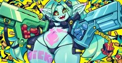Rule 34 | 1girl, alternate species, blue skin, breasts, colored sclera, colored skin, cyberpunk (series), cyberpunk edgerunners, dual wielding, female goblin, goblin, green eyes, green hair, gun, highres, holding, holding gun, holding weapon, krokobyaka, long hair, looking at viewer, monsterification, navel, open mouth, parted bangs, pointy ears, rebecca (cyberpunk), red sclera, sharp teeth, small breasts, solo, teeth, tengen toppa gurren lagann, thick eyebrows, twintails, weapon