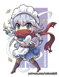Rule 34 | 1girl, apron, arm wrap, belt, blue eyes, blush stickers, boots, bow, braid, chibi, colonel aki, commentary request, dress, dual wielding, english text, fishnet pantyhose, fishnets, hair between eyes, hair bow, holding, holding knife, izayoi sakuya, knee boots, knife, leaf, maid, maid apron, maid headdress, pantyhose, puffy short sleeves, puffy sleeves, scarf, scarf over mouth, short sleeves, silver hair, solo, throwing knife, touhou, twin braids, weapon