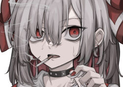 Rule 34 | 1girl, absurdres, bow, cigarette, ear piercing, fingernails, fujiwara no mokou, grey hair, hair between eyes, hair bow, highres, hisha (kan moko), long hair, looking at viewer, nail polish, open mouth, piercing, portrait, red eyes, red nails, simple background, smoking, solo, touhou, white background, white bow